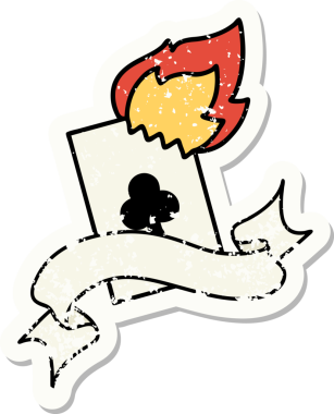 Bir insan tarafından çizilmiş alevli bir kartın pankartı olan eski bir etiket.