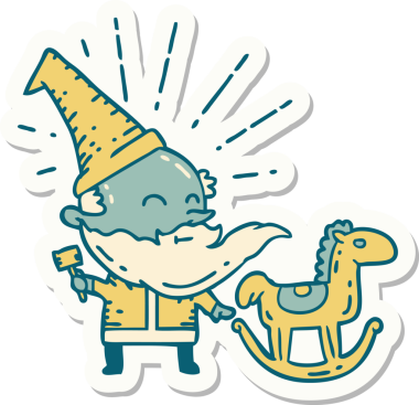 Bir dövme stili Noel Baba karakterinin çıkartması. Bir insan tarafından çizilmiş oyuncak.