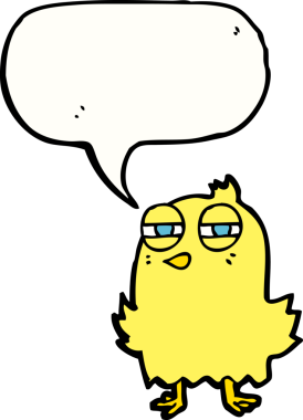 Bir insan tarafından çizilmiş konuşma baloncuklu komik çizgi film kuşu.