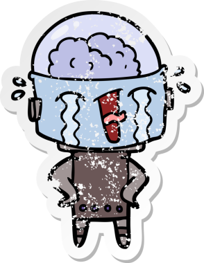 Bir insan tarafından çizilmiş, karikatür ağlayan robot çıkartması.