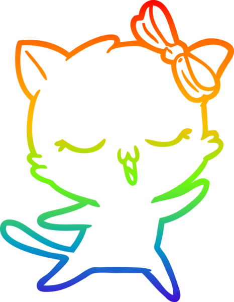 Gökkuşağı gradyan çizgi çizimi. Bir insan tarafından çizilmiş, kafasında yay olan dans eden bir kedi.