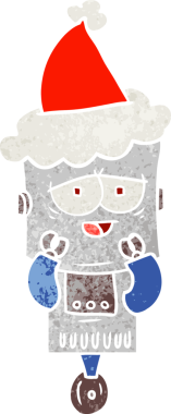 Bir insan tarafından çizilmiş Noel Baba şapkası giyen bir robotun el çizimi karikatürü.