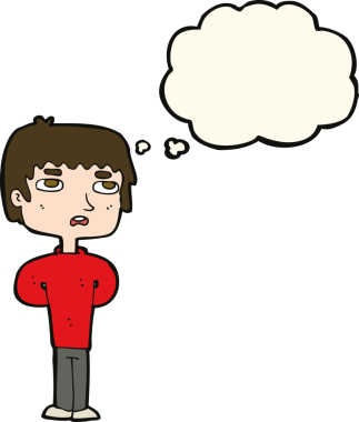 Bir insan tarafından çizilmiş düşünce baloncuğu olan mutsuz bir adam.