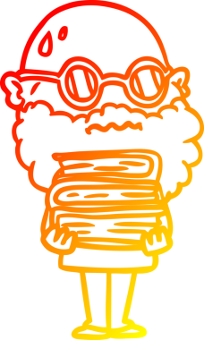 Sıcak bir çizgi film çizimi sakallı ve bir insan tarafından çizilmiş bir yığın kitabı olan endişeli bir adam.