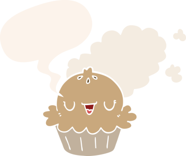 Bir insan tarafından çizilmiş, konuşma baloncuklu şirin bir çizgi film pastası.