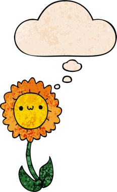 Bir insan tarafından çizilmiş grunge desenli düşünce baloncuğu olan karikatür çiçeği