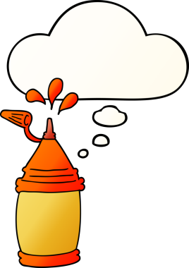 Düşünce baloncuklu ketçap şişesi. Bir insan tarafından çizilmiş.