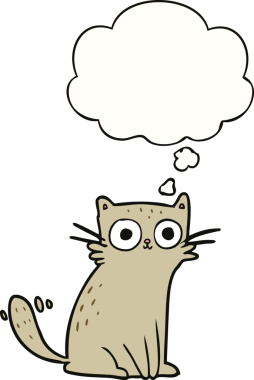 Bir insan tarafından çizilmiş düşünce kabarcığı olan çizgi film kedisi.