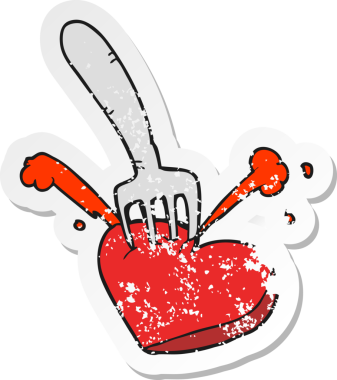 Bir insan tarafından çizilmiş çatalla bıçaklanmış karikatür bir kalbin gerilmiş etiketi.