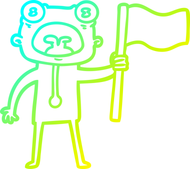 Bir insan tarafından çizilmiş bayraklı garip bir uzaylı çizgi filmi.