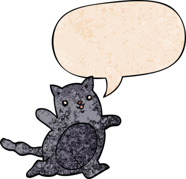 Konuşma baloncuğu olan çizgi film kedisi insan tarafından çizilmiş eski moda dokular.