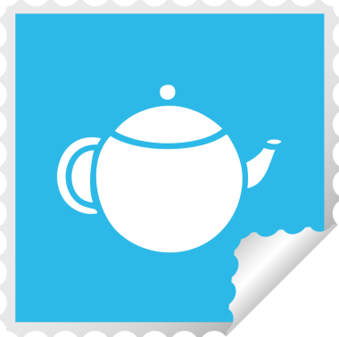 Bir insan tarafından çizilmiş kırmızı çay demliğinin kare soyma etiketi.