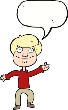 Bir insan tarafından çizilmiş konuşma baloncuğuyla el sallayan mutlu bir adam.