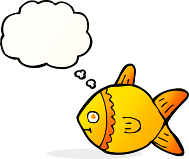 Bir insan tarafından çizilmiş düşünce baloncuklu çizgi film balığı.