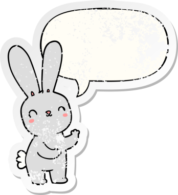 Konuşma baloncuğu olan sevimli çizgi film tavşanı bir insan tarafından çizilmiş sıkıntılı eski bir çıkartma