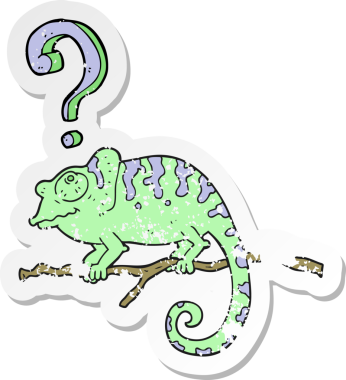 Bir insan tarafından çizilmiş garip bukalemun desenli bir karikatür çıkartması.