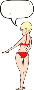 Bir insan tarafından çizilmiş konuşma balonu olan bikinili bir kadın.