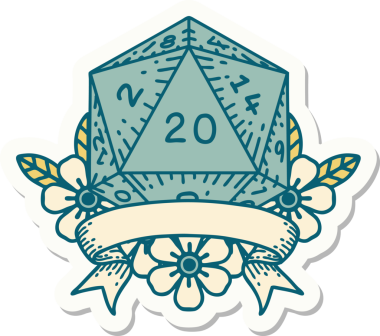 Bir insan tarafından çizilmiş 20 kritik vuruşluk D20 zar etiketi.