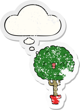 Düşünce baloncuğu olan mutlu çizgi film ağacı insan tarafından çizilmiş yıpranmış bir çıkartma gibi.