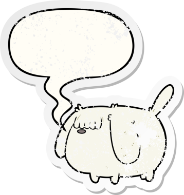 Konuşma baloncuğu olan sevimli, komik çizgi film köpeği bir insan tarafından çizilmiş sıkıntılı eski bir çıkartma.