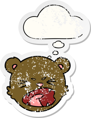 Düşünce baloncuğu olan sevimli çizgi film ayıcık suratı insan tarafından çizilmiş yıpranmış bir çıkartma gibi.