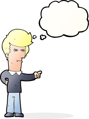 Bir insan tarafından çizilen düşünce baloncuğuyla işaret eden çizgi film adamı.