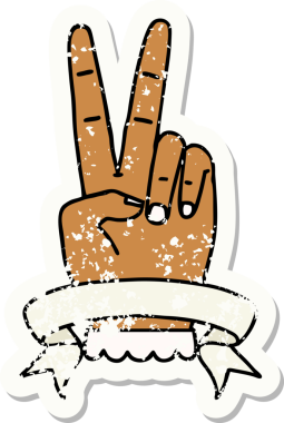 Bir barışın grunge sticker 'ı. Bir insan tarafından çizilmiş iki parmak hareketi.