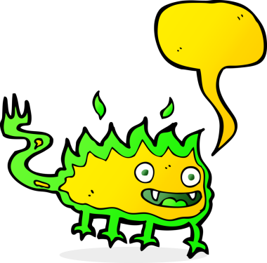 Bir insan tarafından çizilmiş konuşma balonu olan küçük ateş şeytanı çizgi filmi.