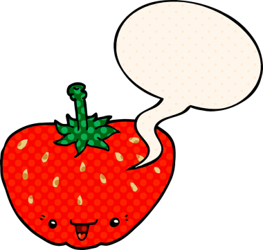 Bir insan tarafından çizilmiş çizgi roman tarzında konuşma balonu olan çilekli bir çizgi film.