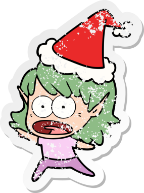 Bir insan tarafından çizilmiş Noel Baba şapkası giymiş şok olmuş bir elf kızının el yazısı.