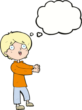 Bir insan tarafından çizilmiş düşünce balonuyla şok olmuş bir çocuk.