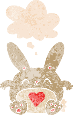 Sevgi dolu karikatür tavşanı. Düşünce baloncuğu ve grunge dertli retro tarzı bir insan tarafından çizilmiş.