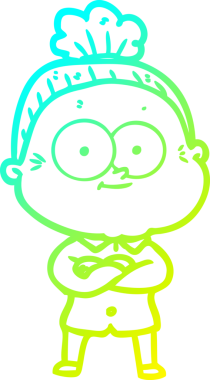 Bir insan tarafından çizilmiş, mutlu, yaşlı bir kadının çizimi.