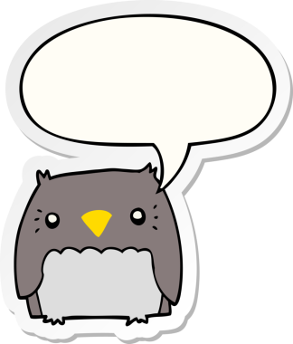 Bir insan tarafından çizilmiş konuşma kabarcığı çıkartmalı sevimli çizgi film baykuşu.