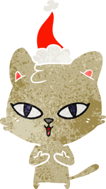 Bir insan tarafından çizilmiş Noel Baba şapkası takan bir kedinin retro karikatürü.