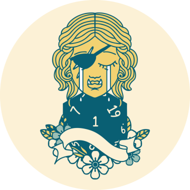 Retro Dövme Tarzı Ağlayan Ork karakter yüzü ve bir insan tarafından çizilmiş bir d20 zar.