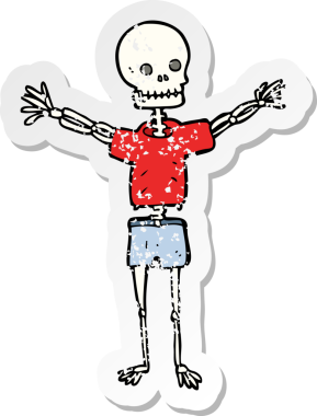 Bir insan tarafından çizilmiş kıyafetlerle çizilmiş karikatür iskeletinin geriletilmiş etiketi.