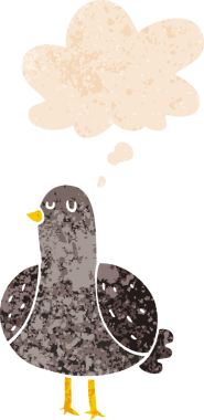 Düşünce baloncuğu ve grunge ile çizgi film kuşu bir insan tarafından çizilmiş sıkıntılı retro tarzı