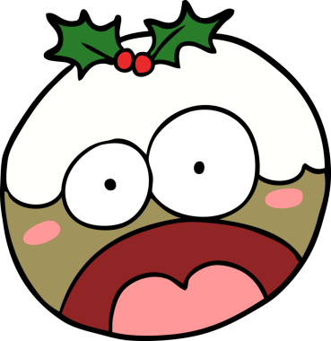 Karikatür noel pudingi. Bir insan tarafından çizilmiş şok yüzlü.