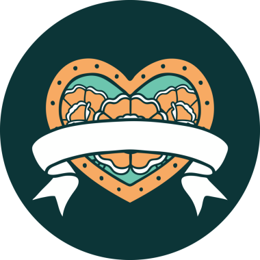 İkonik dövme stili bir kalp ve bir insan tarafından çizilmiş çiçekli pankart.