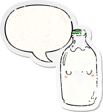 Tatlı çizgi film süt şişesi konuşma baloncuğu bir insan tarafından çizilmiş sıkıntılı eski bir çıkartma