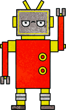 Bir insan tarafından çizilmiş rahatsız bir robotun retro grunge dokusu.