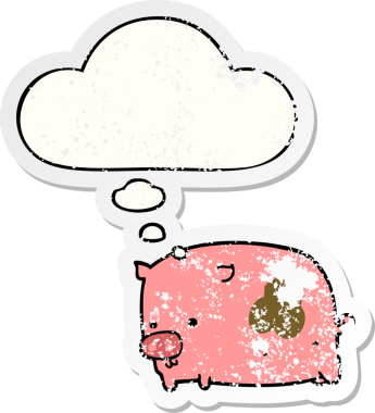 Düşünce baloncuklu çizgi film domuzu bir insan tarafından çizilmiş yıpranmış bir çıkartma.