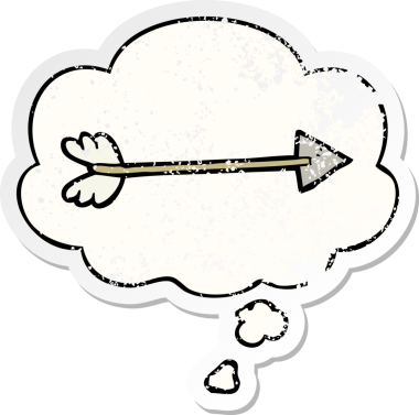 Düşünce baloncuğu olan çizgi film oku bir insan tarafından çizilmiş yıpranmış bir çıkartma gibi.