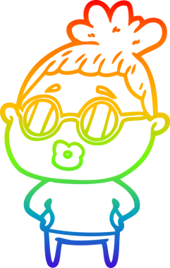 Gökkuşağı gradyan çizgi çizimi bir insan tarafından çizilmiş gözlük takan bir kütüphaneci kadın.