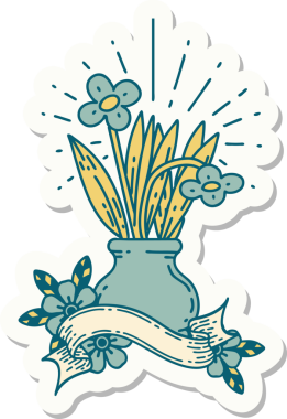 Bir insan tarafından çizilmiş vazoya dövme stili çiçek yapıştırması.