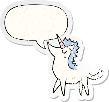 Tek boynuzlu at çizgi filmi, konuşma baloncuğu bir insan tarafından çizilmiş sıkıntılı eski bir çıkartma.