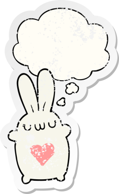 Sevgi dolu karikatür tavşanı. Düşünce baloncuğu insan tarafından çizilmiş yıpranmış bir çıkartma gibi.