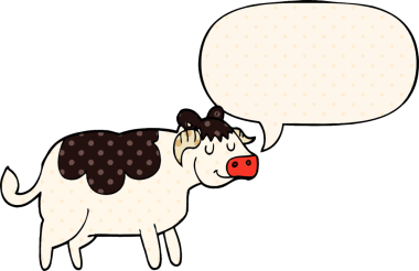 Bir insan tarafından çizilmiş çizgi roman tarzında konuşma balonu olan çizgi film ineği.