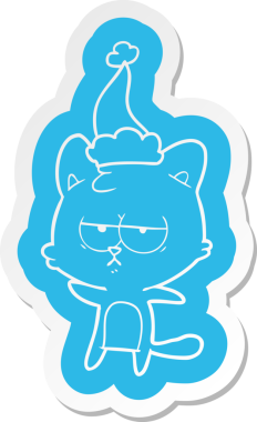 Bir insan tarafından çizilmiş Noel Baba şapkası takan bir kedinin garip çizgi film çıkartması.